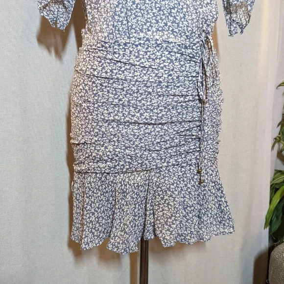 Veronica Beard Mini Dress 100% Silk Dakota Floral Blue Ruched  Size 2 - Picture 3 of 14